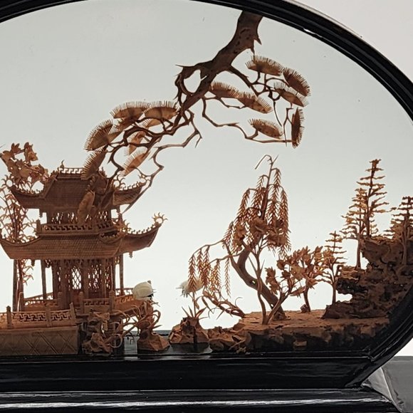 Vtg. Chinese SAN YOU Diorama Cork Carving Glass Case Pagoda Trees & Cranes 6.5"H - Picture 3 of 11